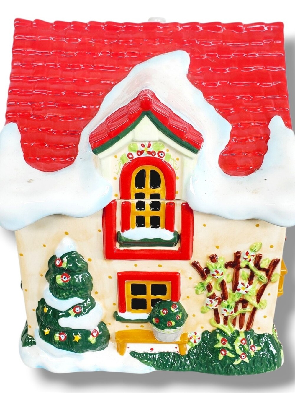 Vintage Ceramic Christmas House Cookie Jar Snow Cottage Red Roof Holiday Kitchen